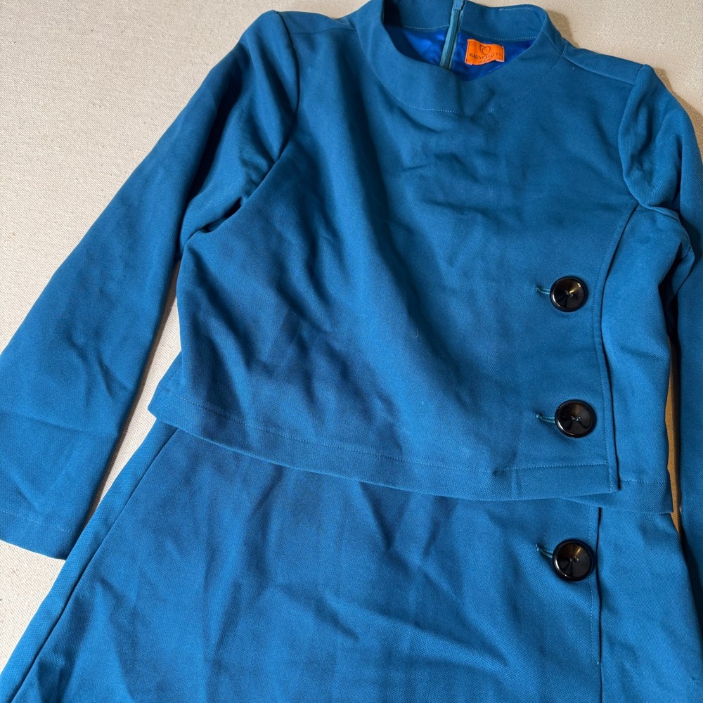 Marycrafts Teal Blue Mod Midi Dress Size 8 Double Layer Button Front 3/4 Sleeve